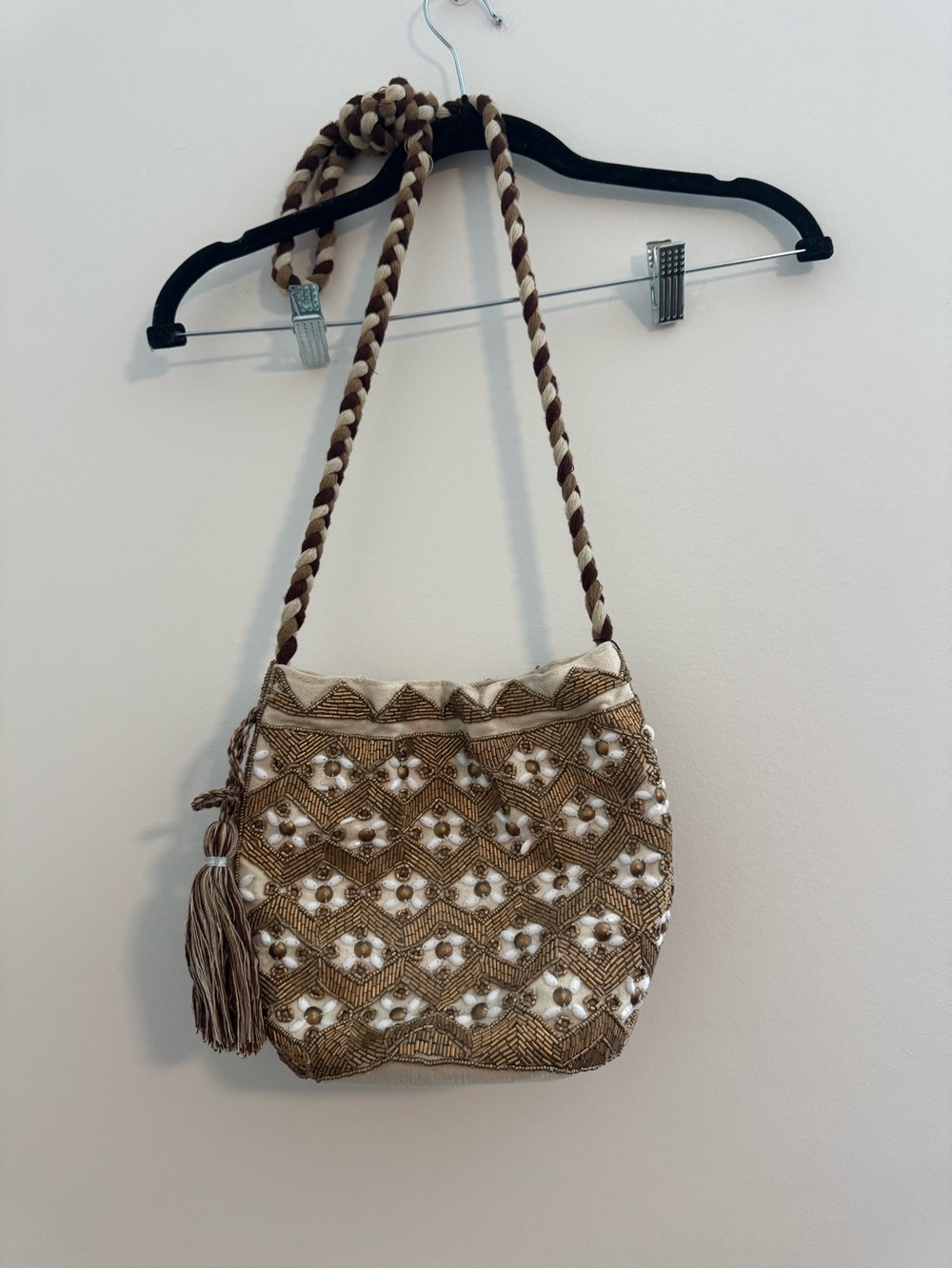 Sam Edelman Woven Bead-Embellished Crossbody Bag in Cream and Brown NWT